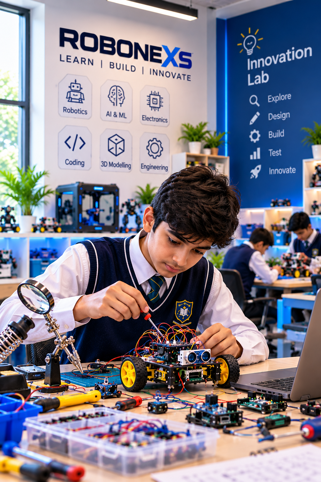 Students working on robotics and STEM projects at an innovation lab